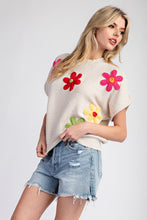 Oatmeal Flower Pattern Short Sleeve Sweater Top