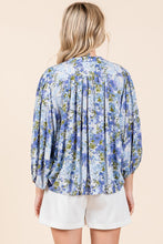 Blue Flower Print Batwing Sleeve Button Down Blouse