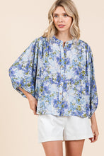 Blue Flower Print Batwing Sleeve Button Down Blouse