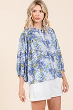 Blue Flower Print Batwing Sleeve Button Down Blouse