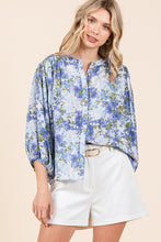 Blue Flower Print Batwing Sleeve Button Down Blouse