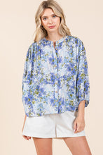 Blue Flower Print Batwing Sleeve Button Down Blouse