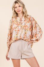 Ginger Flower Print Batwing Sleeve Button Down Blouse