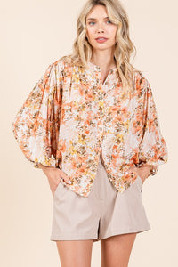 Ginger Flower Print Batwing Sleeve Button Down Blouse