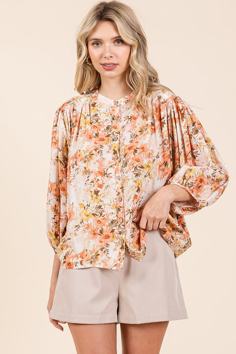 Ginger Flower Print Batwing Sleeve Button Down Blouse