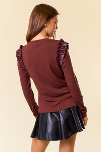 Chocolate Round Neck Pu Ruffle Shoulder Long Sleeve Top