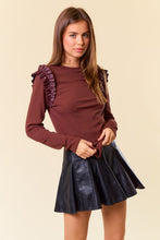 Chocolate Round Neck Pu Ruffle Shoulder Long Sleeve Top