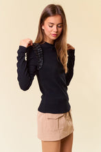 Black Round Neck Pu Ruffle Shoulder Long Sleeve Top