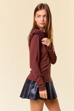 Chocolate Round Neck Pu Ruffle Shoulder Long Sleeve Top