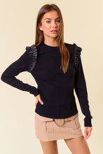 Black Round Neck Pu Ruffle Shoulder Long Sleeve Top