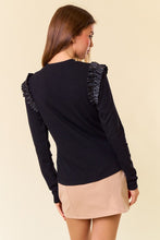 Black Round Neck Pu Ruffle Shoulder Long Sleeve Top