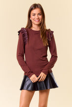 Chocolate Round Neck Pu Ruffle Shoulder Long Sleeve Top