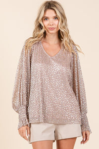 Blush Metallic Glitter Dot Print Pleated Long Sleeve Top