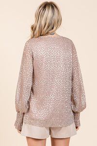 Blush Metallic Glitter Dot Print Pleated Long Sleeve Top