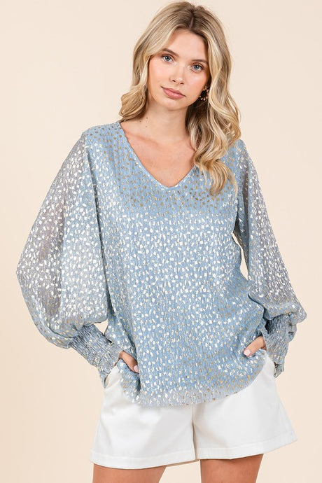 Blue Metallic Glitter Dot Print Pleated Long Sleeve Top