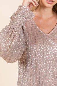 Blush Metallic Glitter Dot Print Pleated Long Sleeve Top