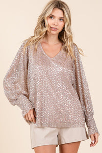 Blush Metallic Glitter Dot Print Pleated Long Sleeve Top