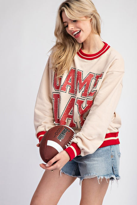 Oatmeal Striped Game Day Pullover Sweatshirt