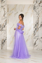 Lavender Solid Color Off Shoulder Tulle Maxi Dress With Back Zipper