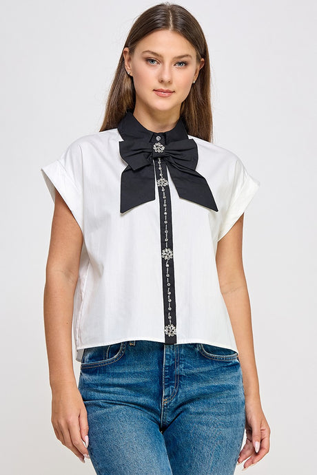 White Big Ribbon N Rhinestone Detail Shirt