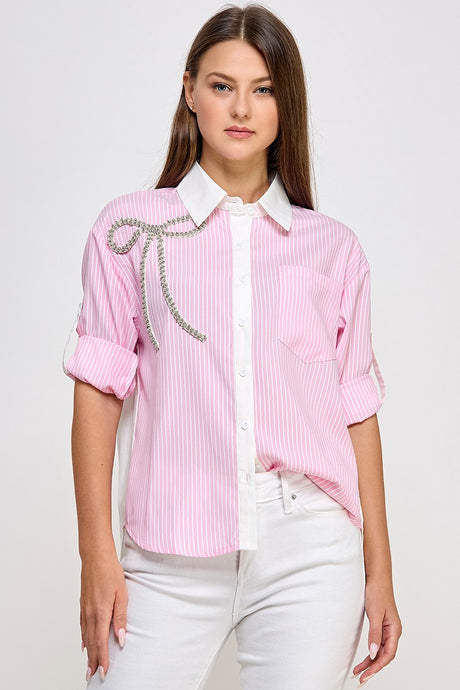 Pink Rhinestone Detail Stripe Shirt