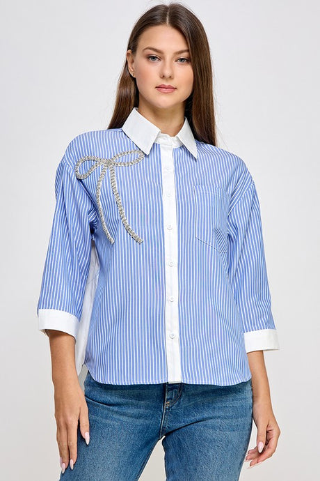 Blue Rhinestone Detail Stripe Shirt