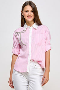 Pink Rhinestone Detail Stripe Shirt