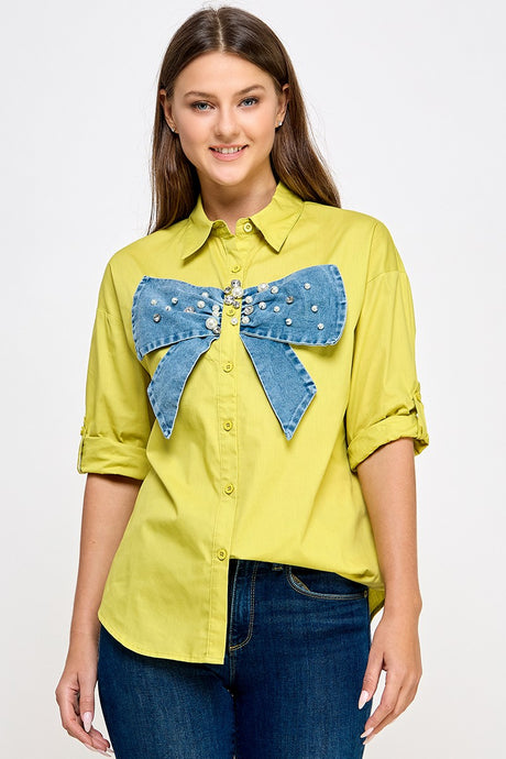 Lime Big Denim Ribbon N Rhinestone Shirt