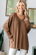 Mocha V Neck Drop Shoulder Loose Fit Knitted Sweater