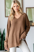 Mocha V Neck Drop Shoulder Loose Fit Knitted Sweater