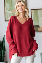 Wine V Neck Drop Shoulder Loose Fit Knitted Sweater