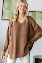 Mocha V Neck Drop Shoulder Loose Fit Knitted Sweater