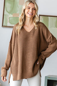 Mocha V Neck Drop Shoulder Loose Fit Knitted Sweater