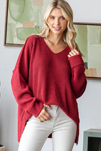 Wine V Neck Drop Shoulder Loose Fit Knitted Sweater