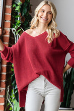 Wine V Neck Drop Shoulder Loose Fit Knitted Sweater