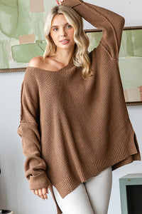 Mocha V Neck Drop Shoulder Loose Fit Knitted Sweater