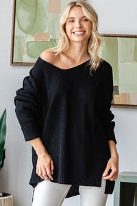 Black V Neck Drop Shoulder Loose Fit Knitted Sweater