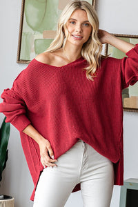 Wine V Neck Drop Shoulder Loose Fit Knitted Sweater