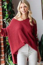 Wine V Neck Drop Shoulder Loose Fit Knitted Sweater