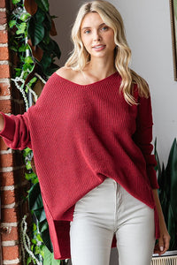 Wine V Neck Drop Shoulder Loose Fit Knitted Sweater