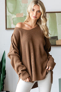 Mocha V Neck Drop Shoulder Loose Fit Knitted Sweater