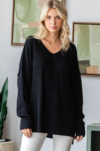 Black V Neck Drop Shoulder Loose Fit Knitted Sweater