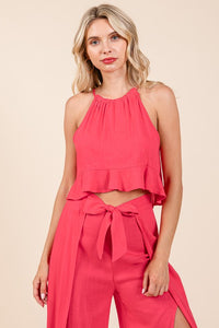 Fuchsia Linen Crop Top and Wide Slit Pants Two Piece Sets
