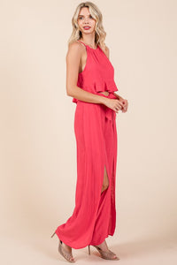 Fuchsia Linen Crop Top and Wide Slit Pants Two Piece Sets