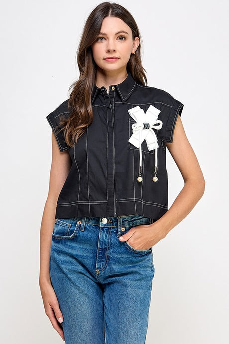 Black Ribbon Detail Button Shirt