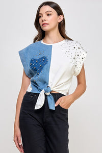 Denim/White Front Tie Color Block T Shirt