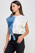 Denim/White Front Tie Color Block T Shirt