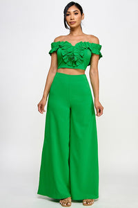 Green Off Shoulder Ruffle Detail Crop Top With Pants Set