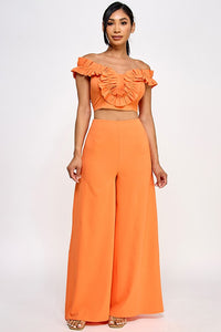 Orange Off Shoulder Ruffle Detail Crop Top With Pants Set