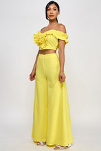 Yellow Off Shoulder Ruffle Detail Crop Top With Pants Set